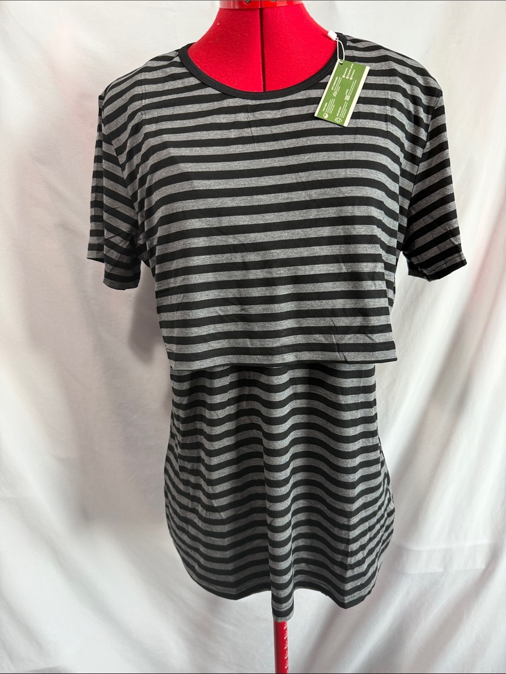 Striped Short-Sleeve Nursing Tee in Black and Gray
